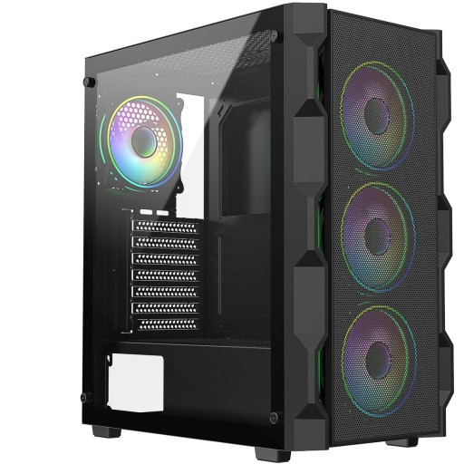 CiT Neo Black ATX Gaming Case with Mesh Front and Tempered Glass Side 6-Port PWM Hub and 4 x CiT Tornado Dual-Ring Infinity Fans