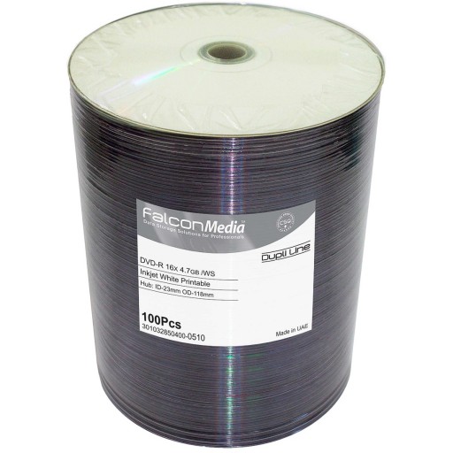FalconMedia Pro DVD-R 16x FTI 4.7GB W/S Dupli-Line Inkjet White Printable Spindle 100
