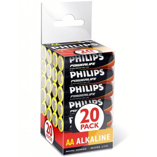 Philips PowerLife LR6PX20C/10 Alkaline AA 1.5v Batteries (20 per pack) - Retail