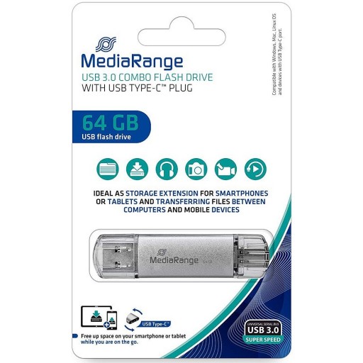 MediaRange MR937 64GB USB3.0 Combo Flash Drive with USB Type-C Plug
