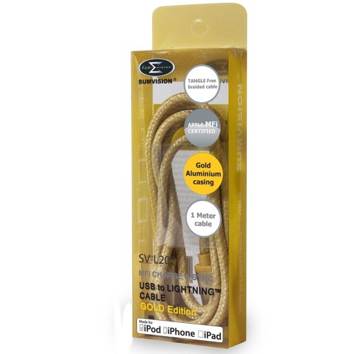 Sumvision Apple Lightning to USB Cable, Nylon Braided, Gold Plated, 1 Metre - MFI Cert.